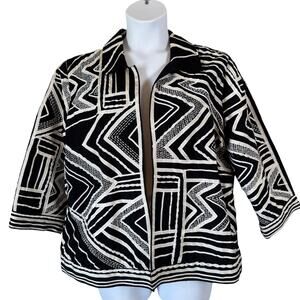 Chicos Open Front Jacket Blazer Sz 3/XL/16 Black White 3/4 Sleeve Geometric Art